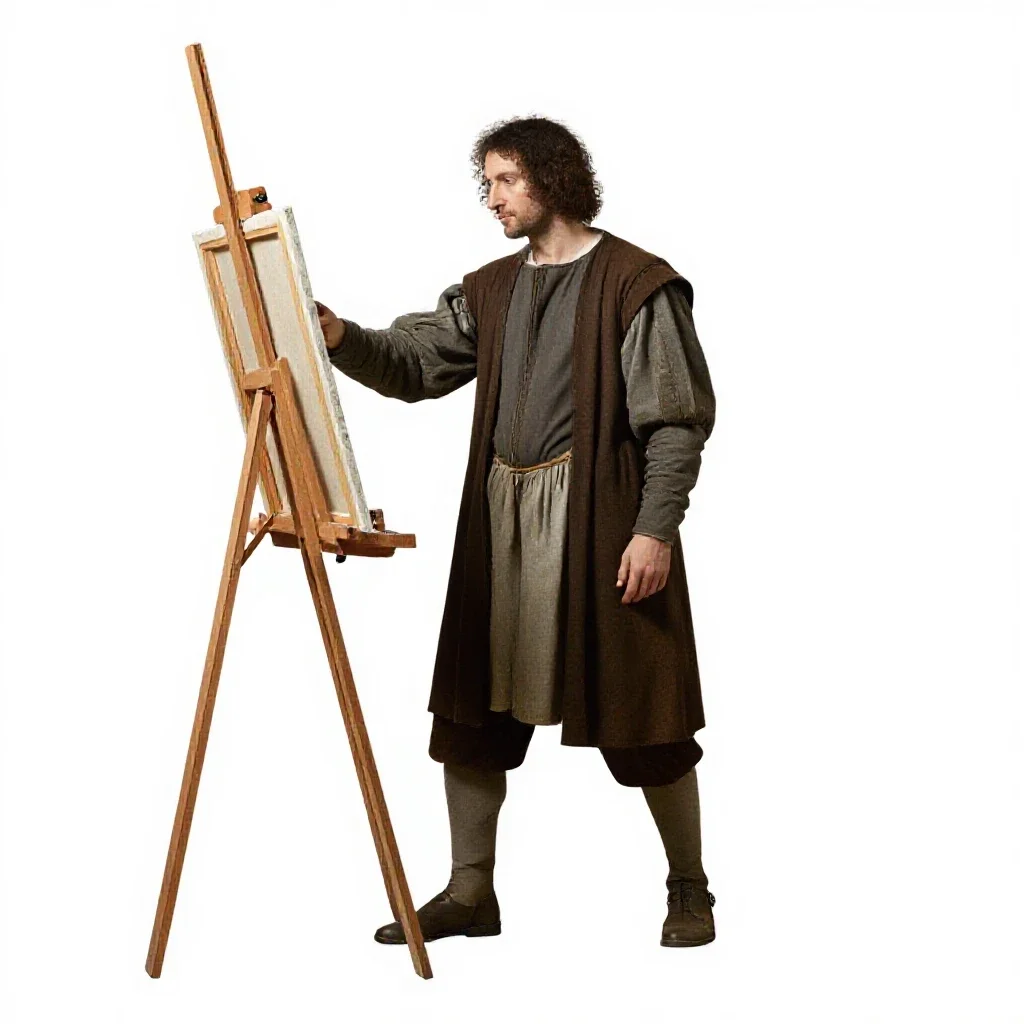 Renaissance painter at an easel isolated on a white background