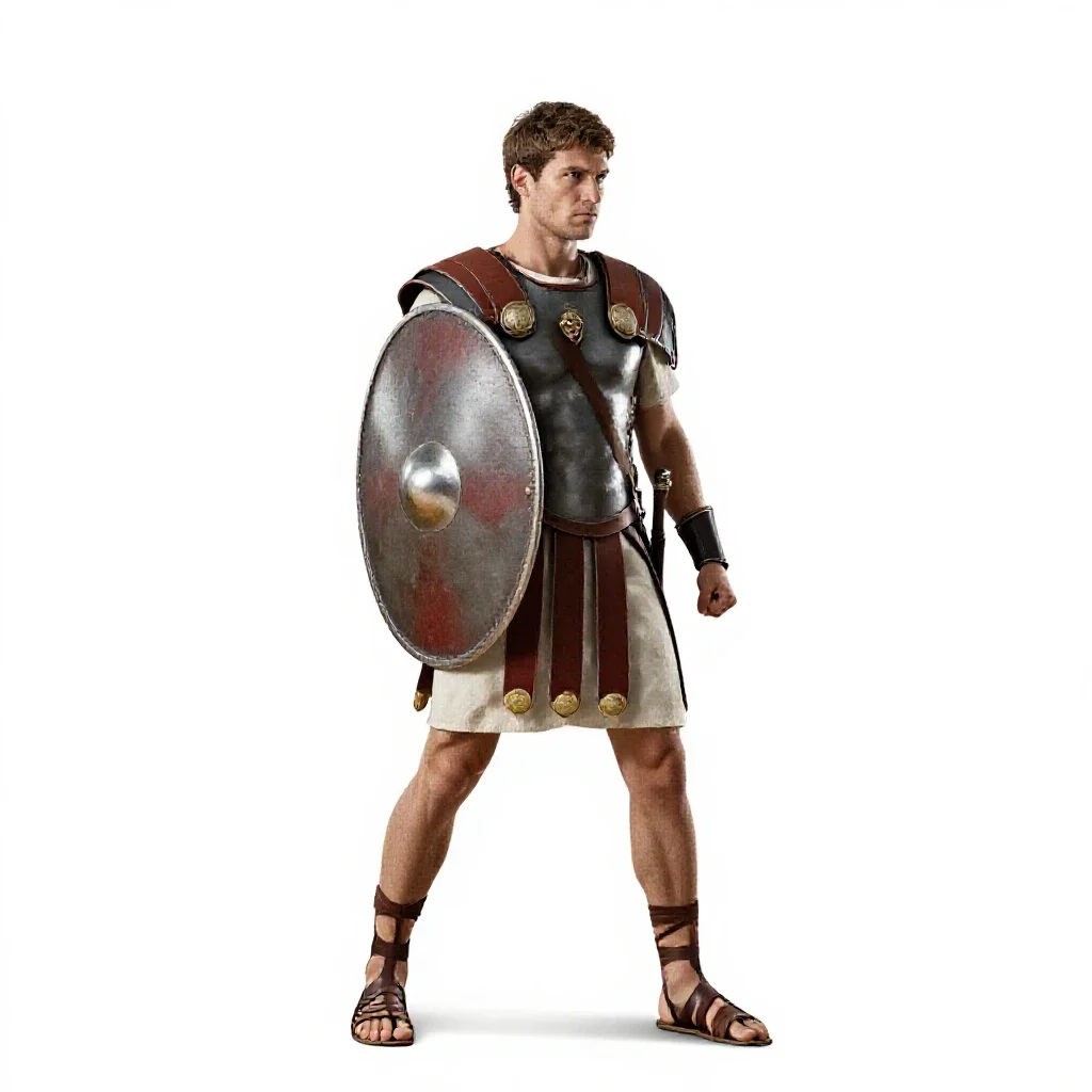 Roman legionary with a scutum isolated on a white background