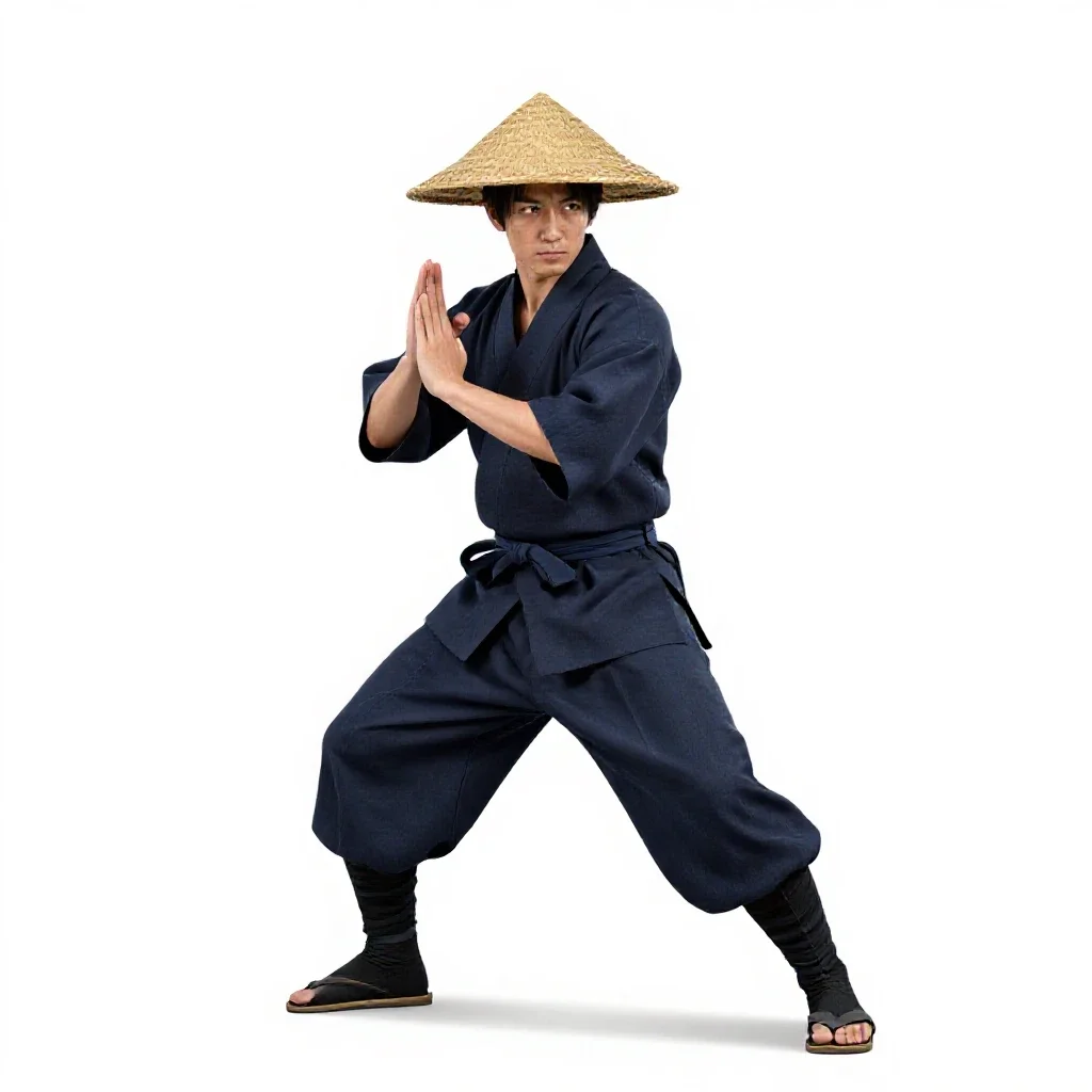 Ronin with a straw hat isolated on a white background