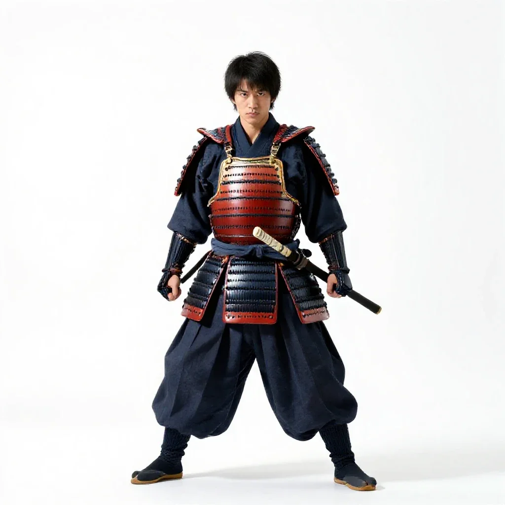 Samurai in lacquered armour isolated on a white background