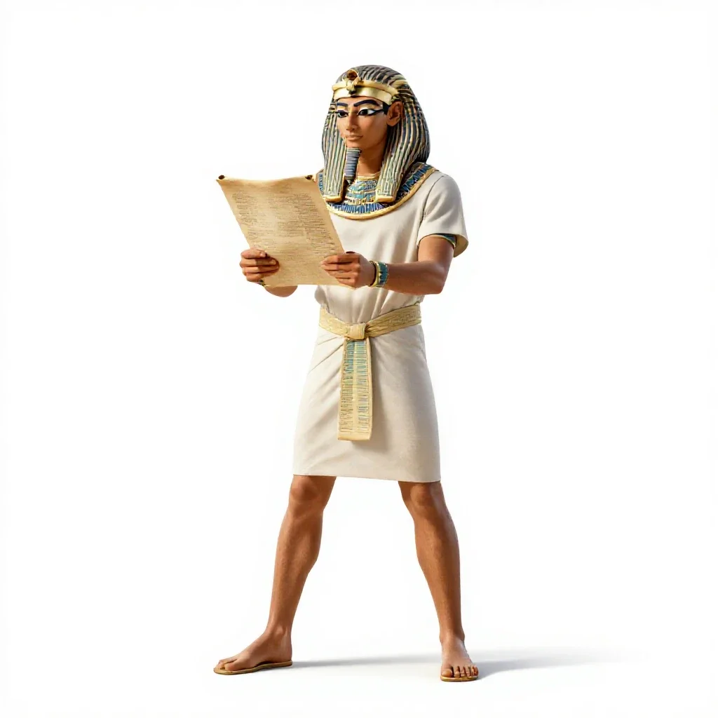 Egyptian scribe with a papyrus isolated on a white background