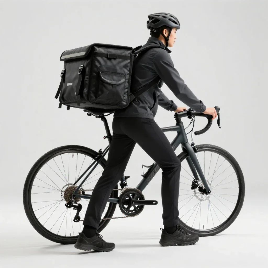 Bicycle courier with a messenger bag isolated on a white background