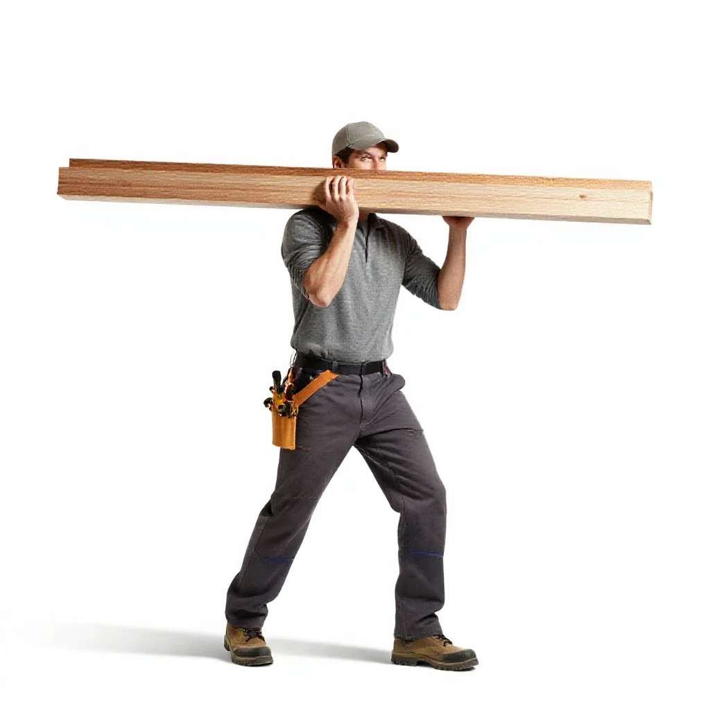 Carpenter shouldering timber isolated on a white background