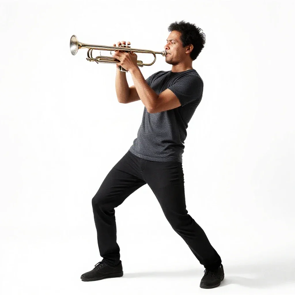 Jazz trumpeter mid-performance isolated on a white background