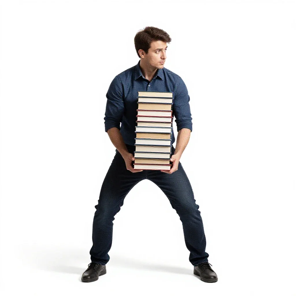 Librarian with a stack of books isolated on a white background