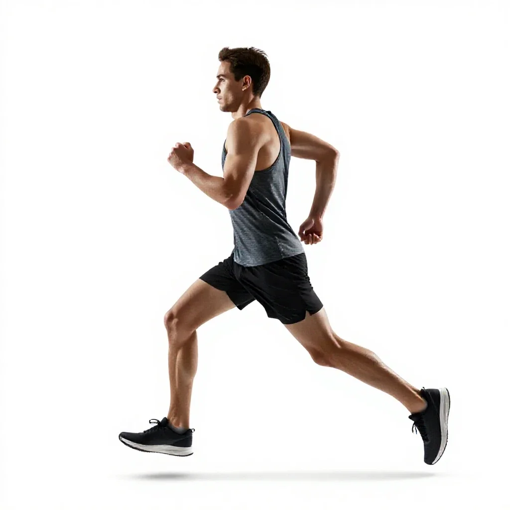 Long-distance runner mid-stride isolated on a white background