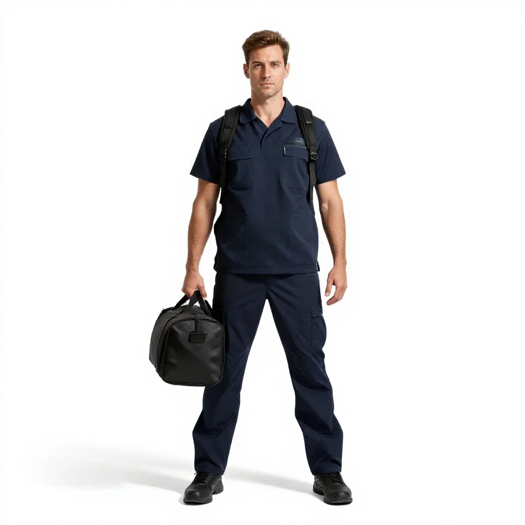 Paramedic with a response bag isolated on a white background