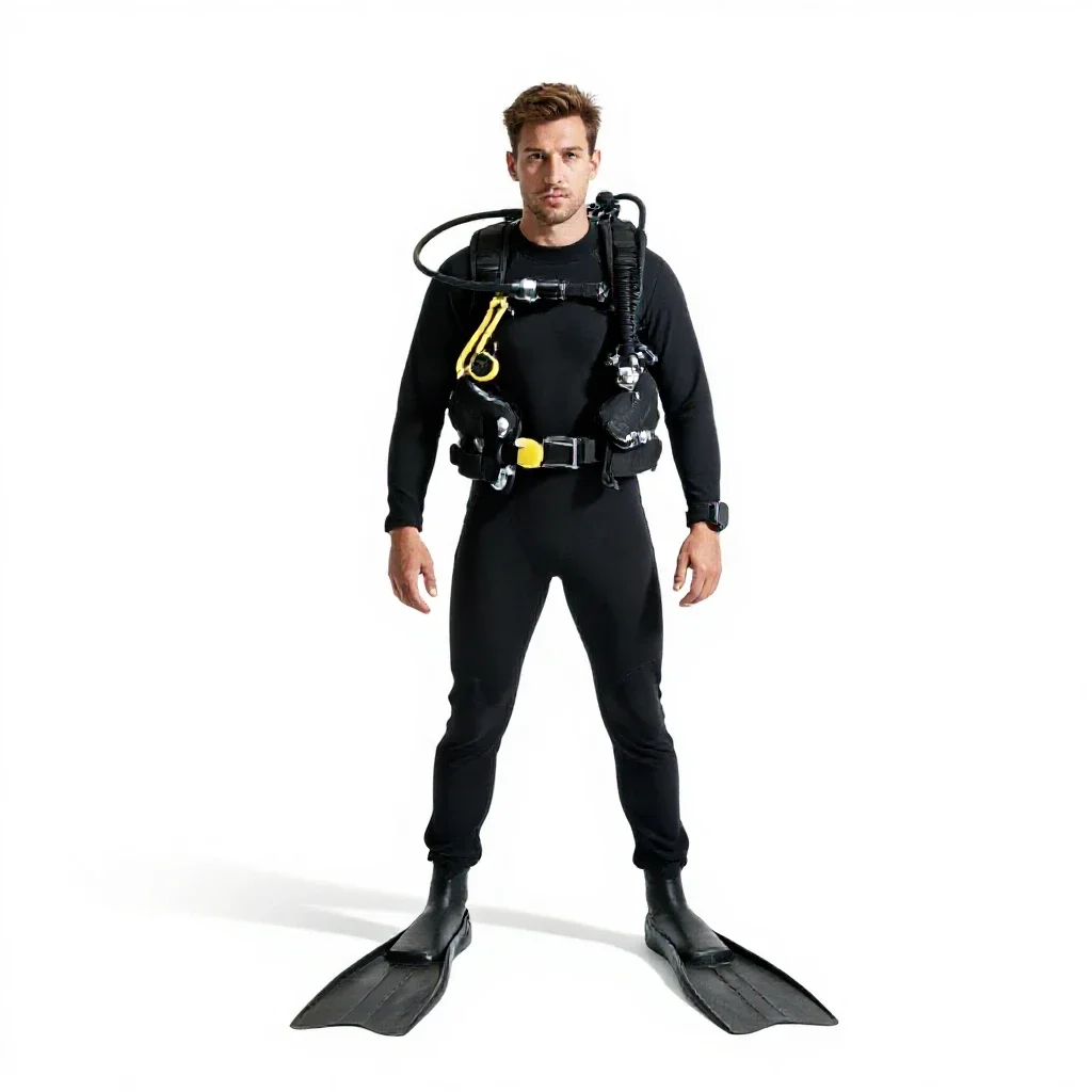 Rescue diver with fins isolated on a white background