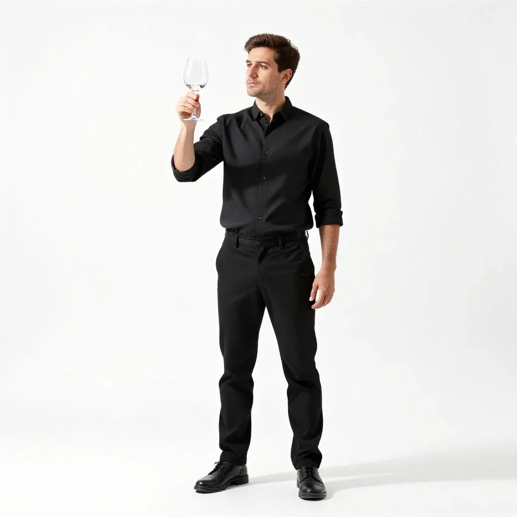 Sommelier examining a glass isolated on a white background