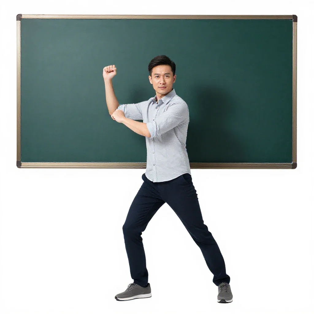 Teacher at a chalkboard isolated on a white background