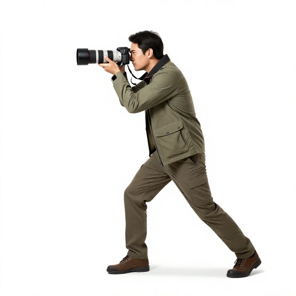 Wildlife photographer with a long lens isolated on a white background