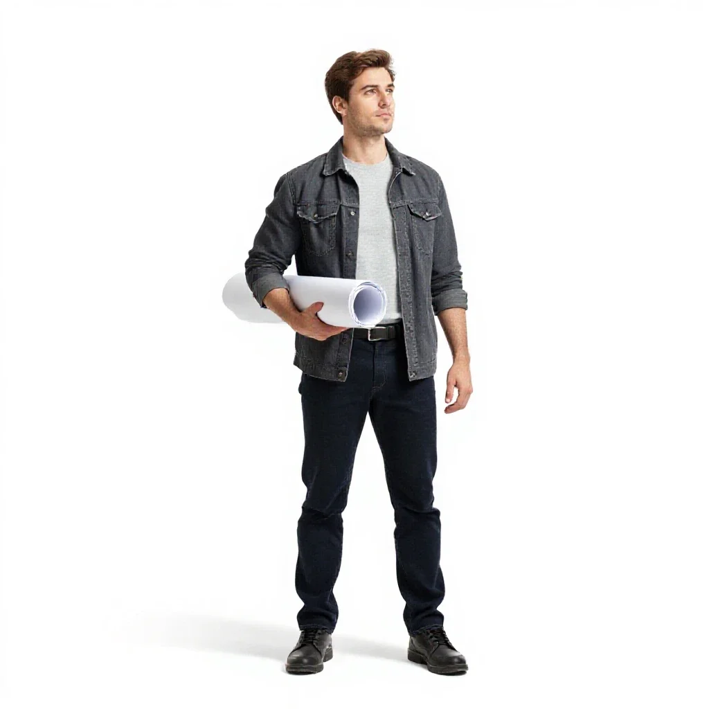 Architect carrying rolled plans isolated on a white background