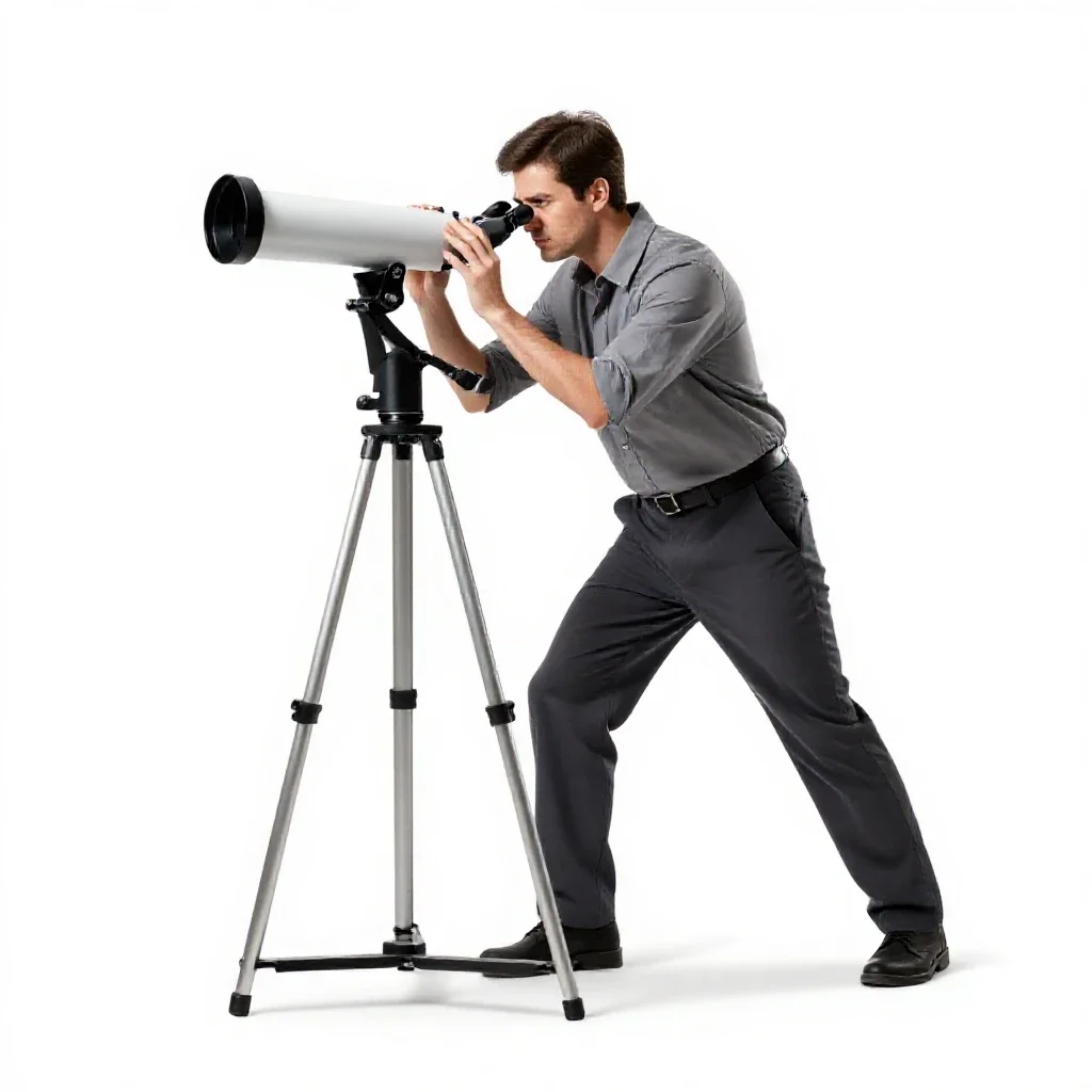 Astronomer at a telescope eyepiece isolated on a white background