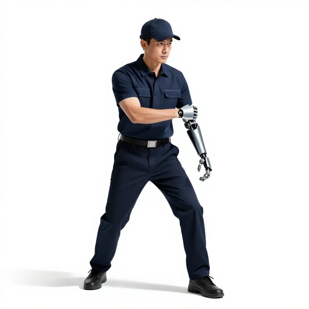 Courier with a cybernetic arm isolated on a white background