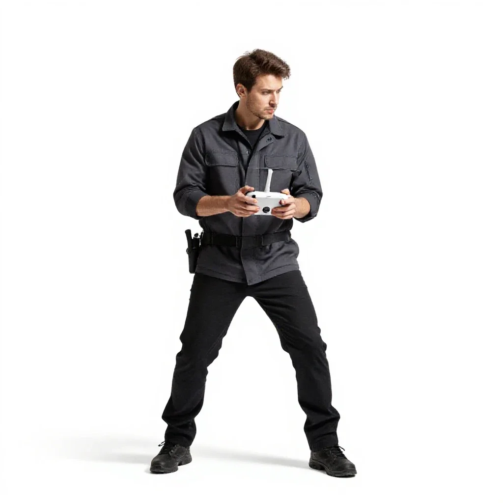 Drone wrangler with a control rig isolated on a white background