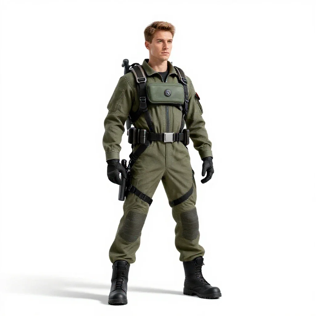Mech pilot in a flight harness isolated on a white background