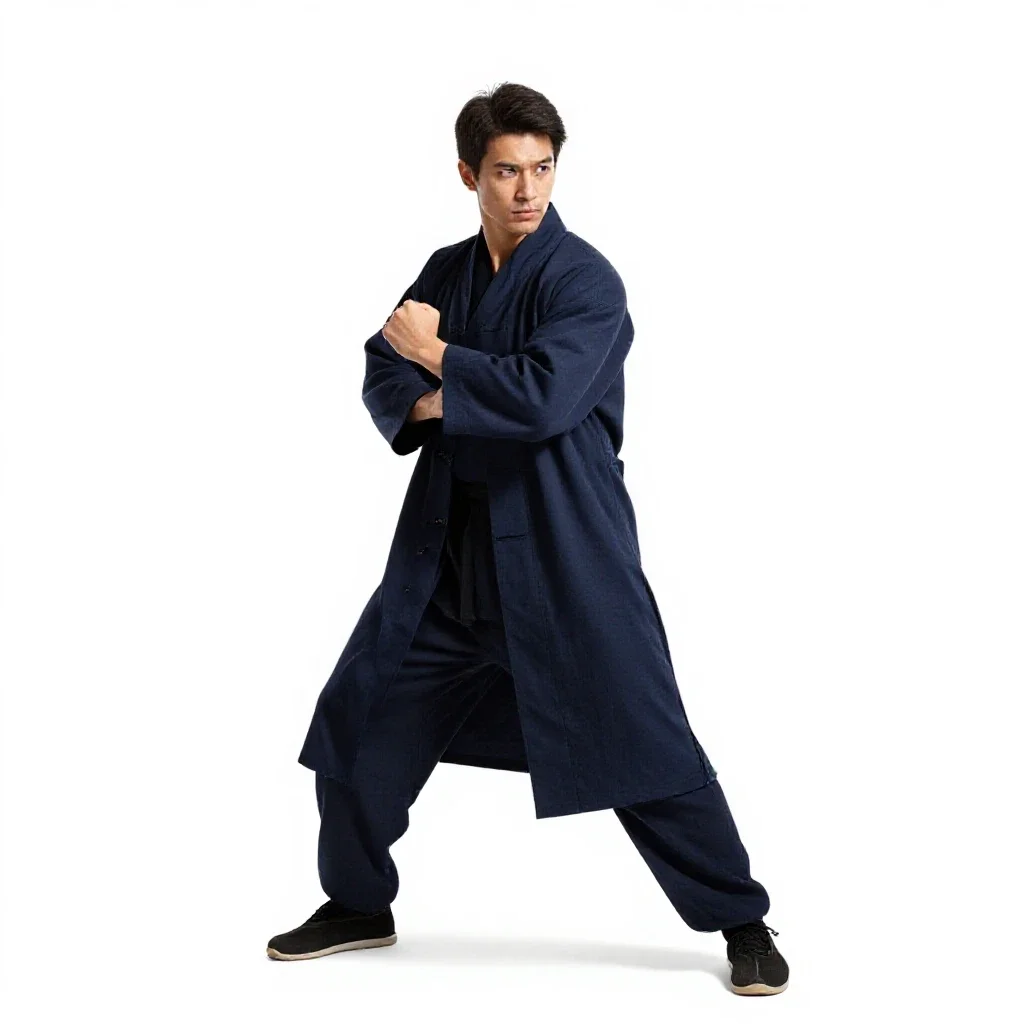 Street samurai in a long coat isolated on a white background