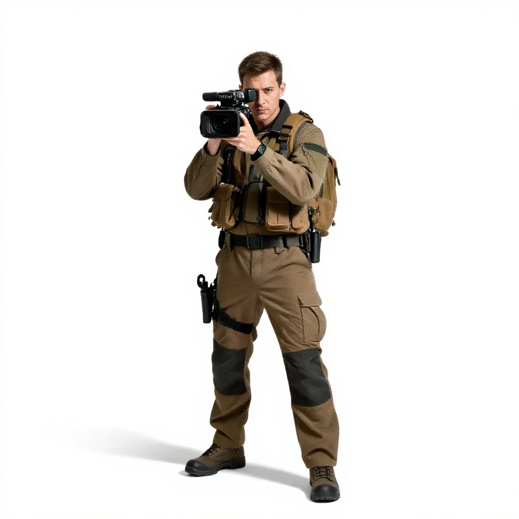 War correspondent with a hovering camera isolated on a white background