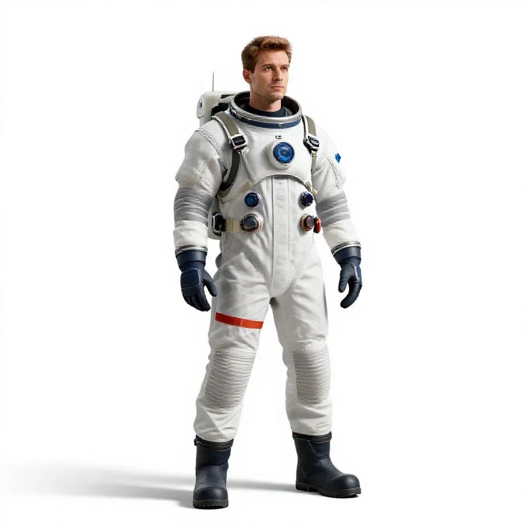 Orbital station engineer in a pressure suit isolated on a white background