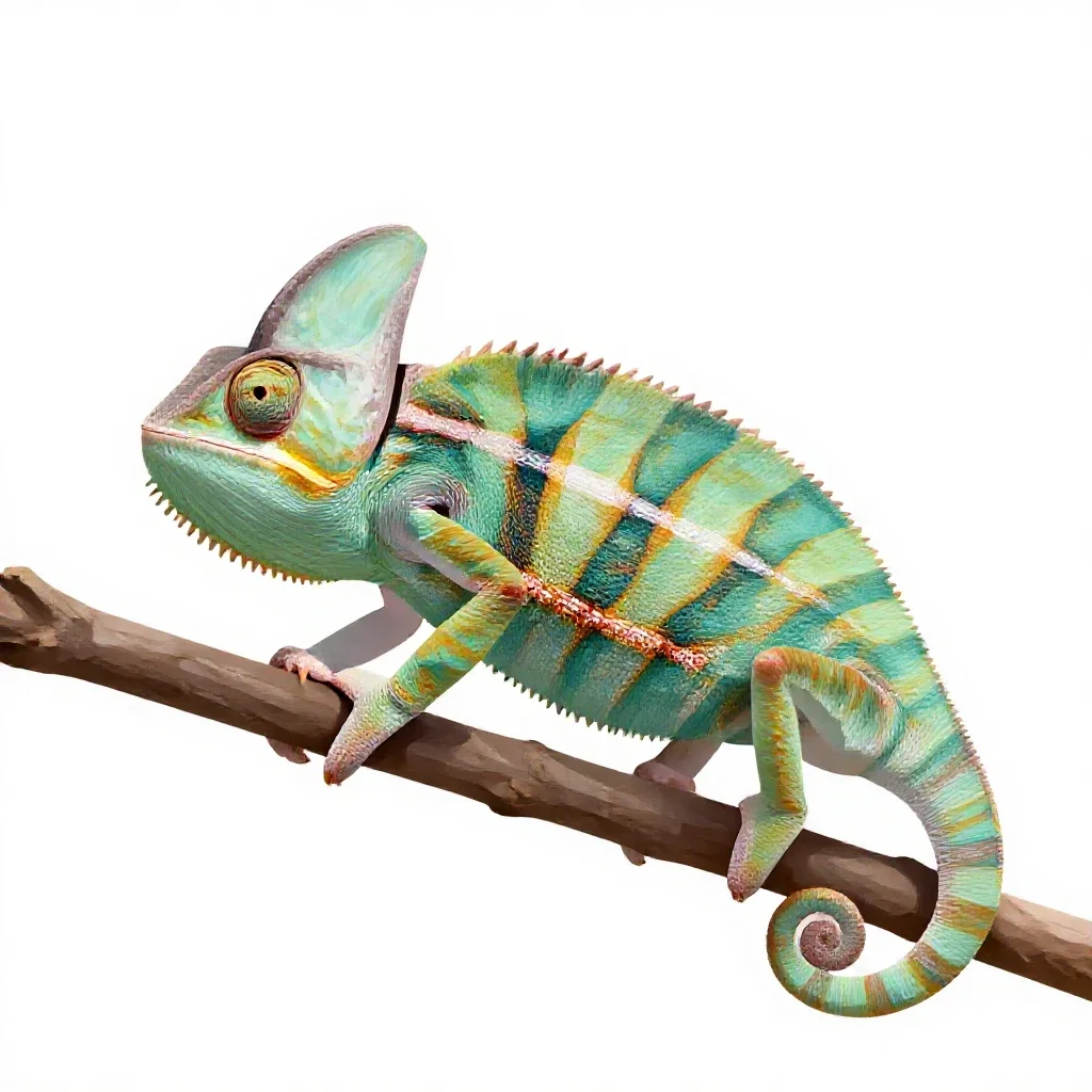 Chameleon on a branch isolated on a white background