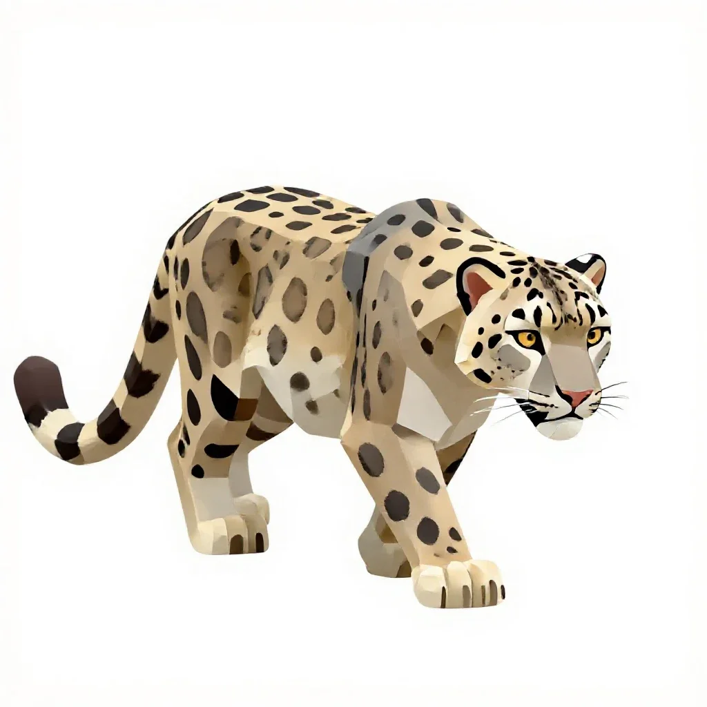 Snow leopard mid-prowl isolated on a white background