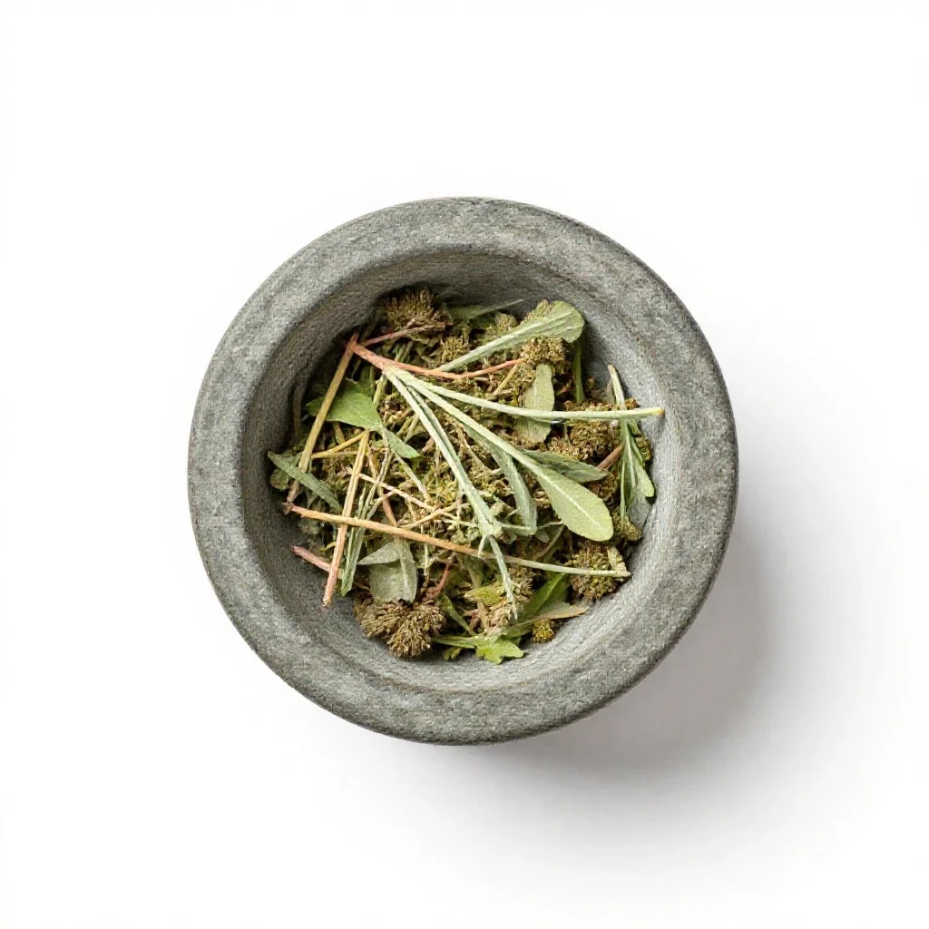 Mortar of glowing herbs isolated on a white background