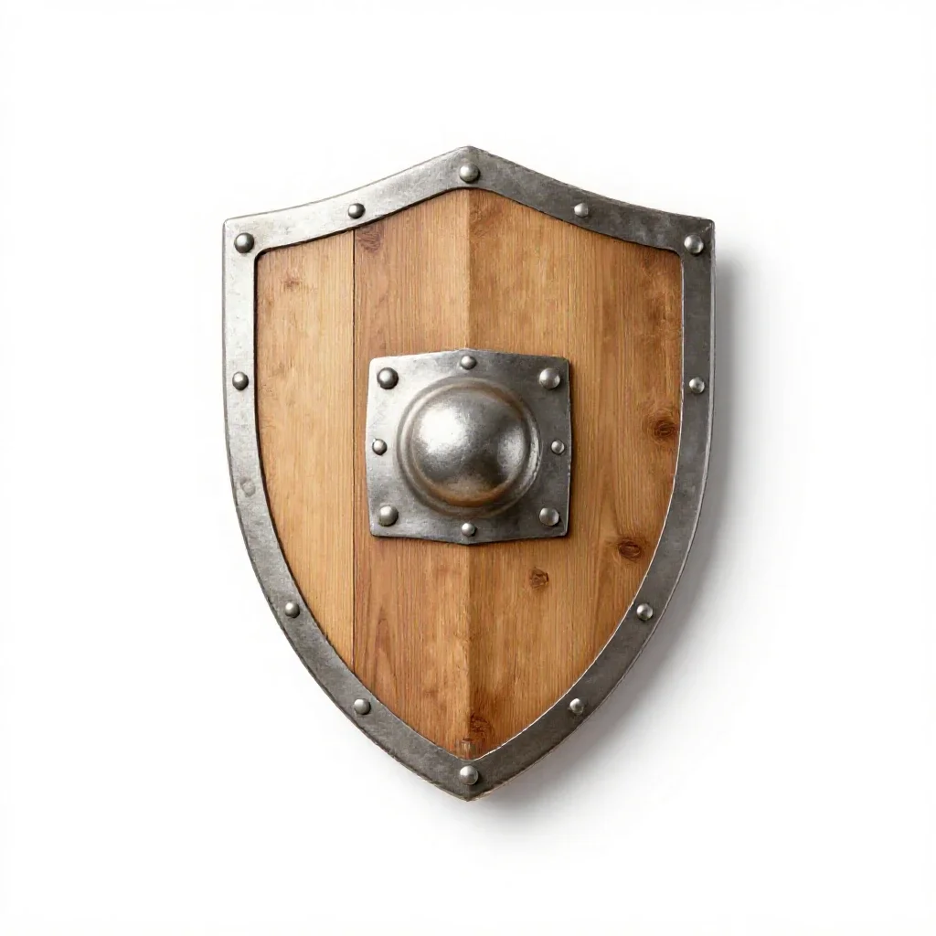 Wooden shield with an iron boss isolated on a white background