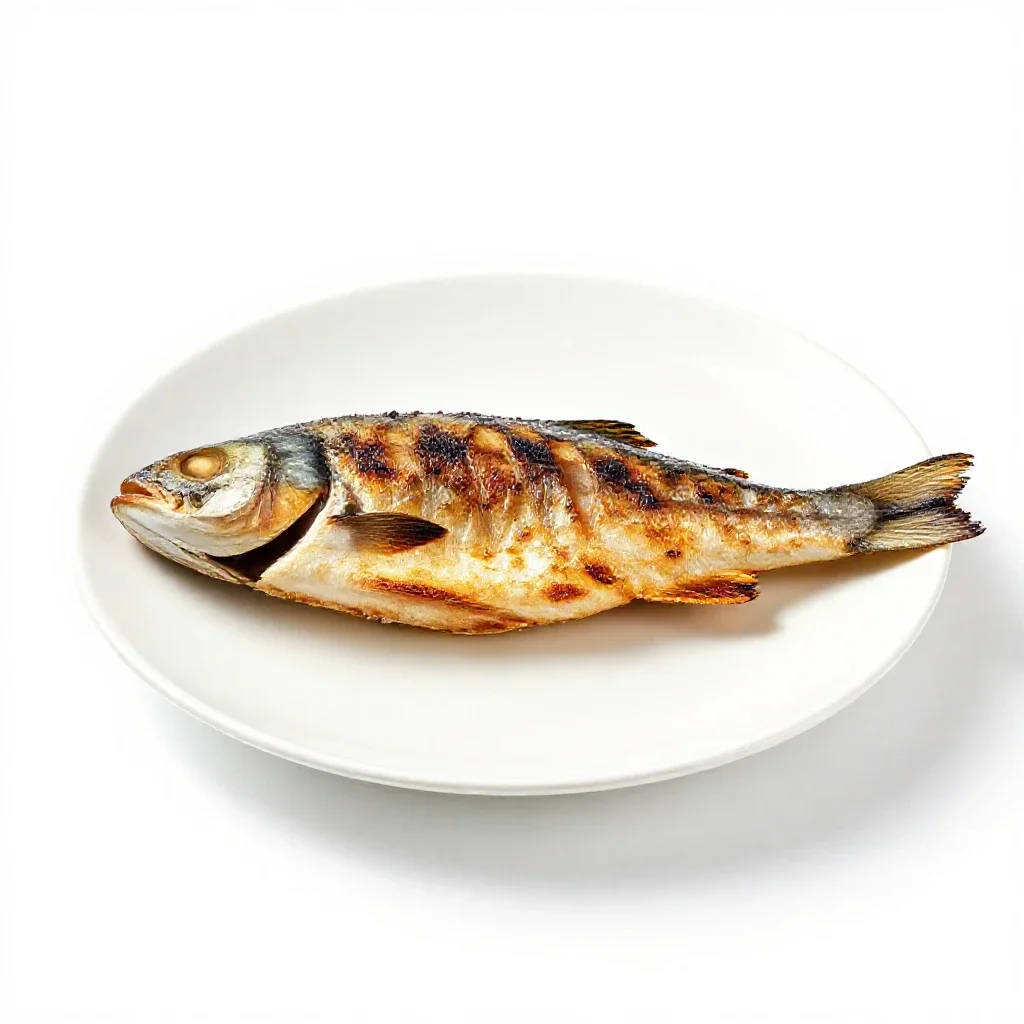 Grilled fish on a plate isolated on a white background