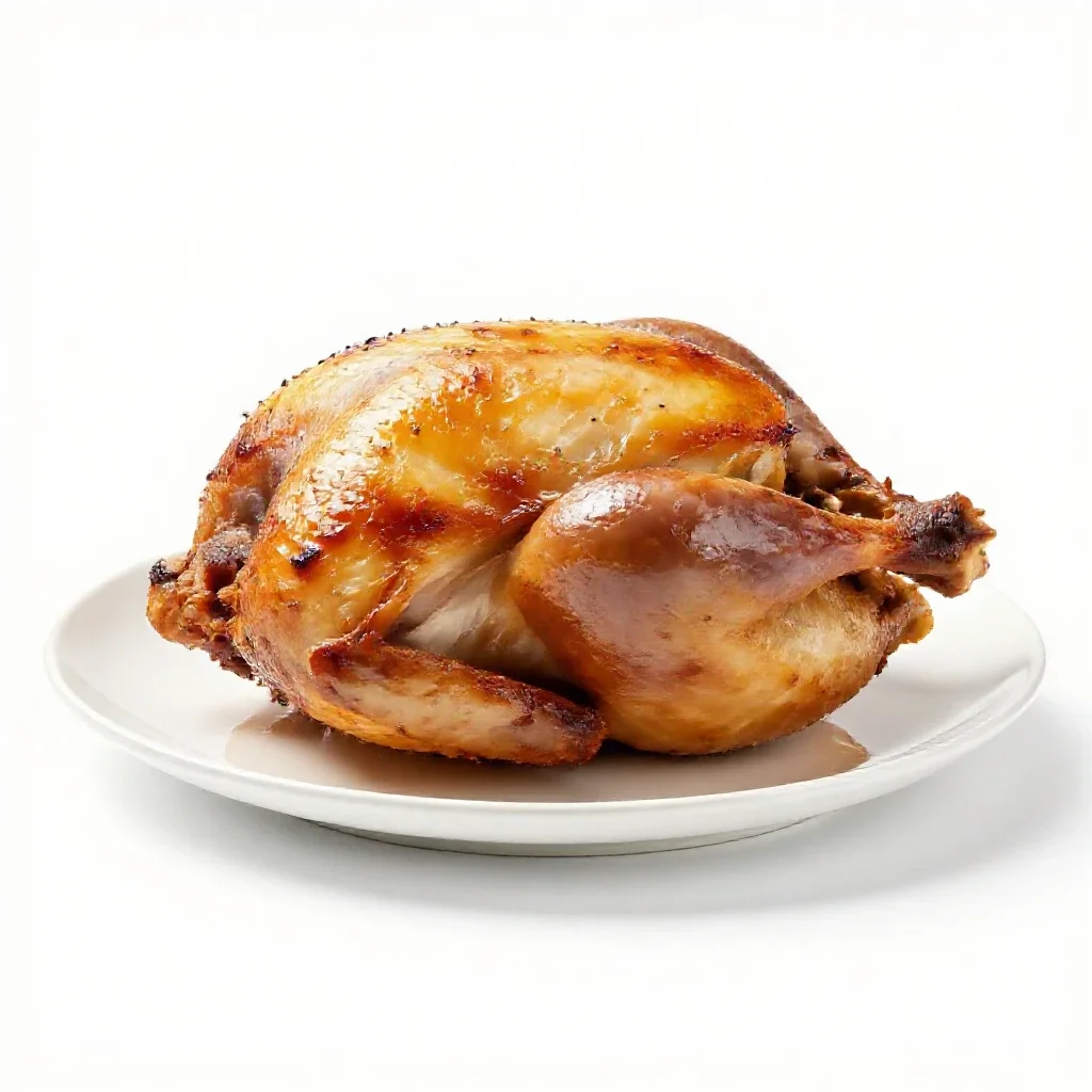 Roast chicken on a board isolated on a white background