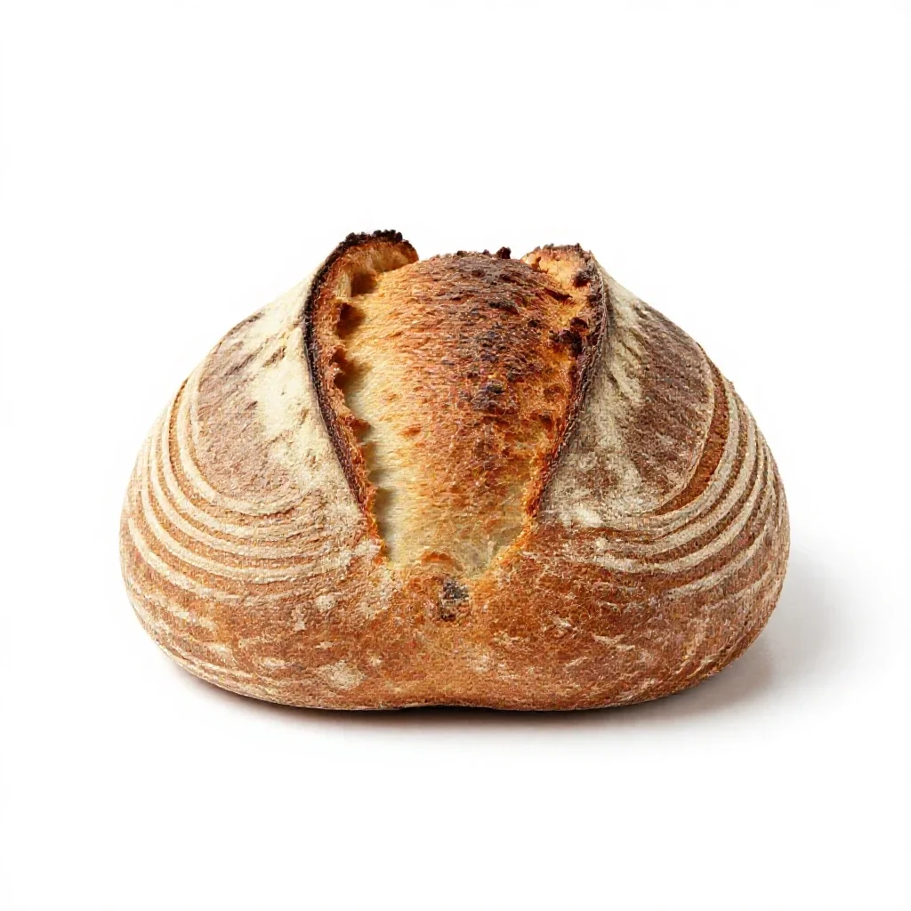 Sourdough boule with a scored crust isolated on a white background