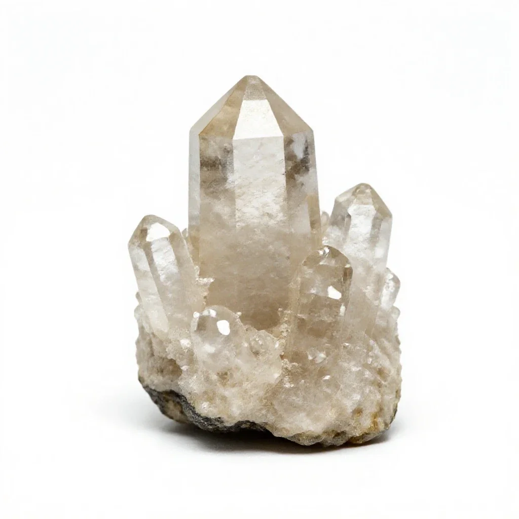 Quartz crystal cluster isolated on a white background