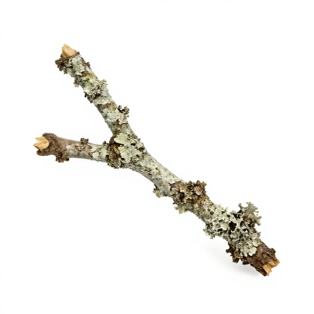 Lichen-covered twig isolated on a white background