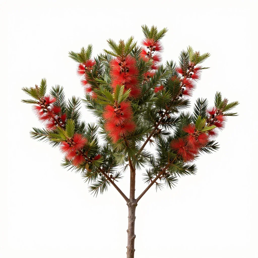 Pohutukawa branch in flower isolated on a white background
