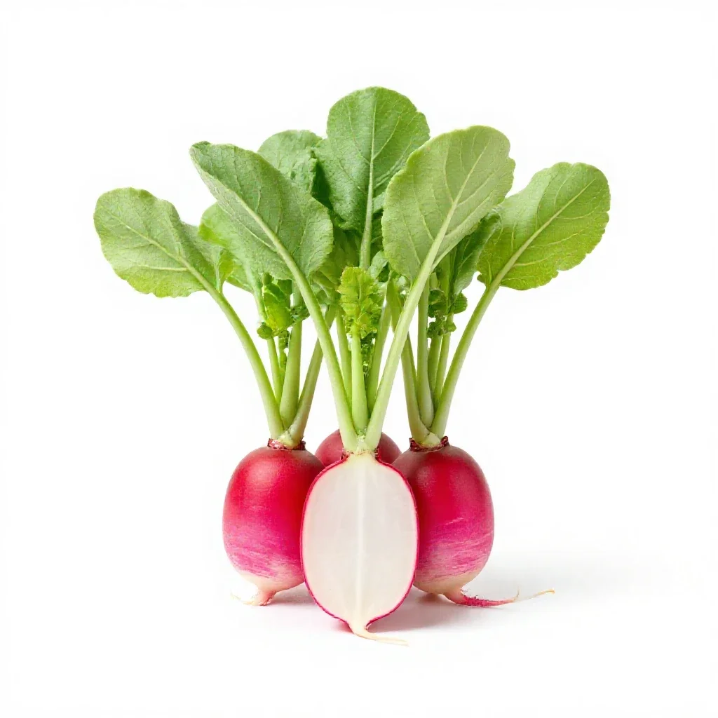 Bunch of radishes with tops isolated on a white background