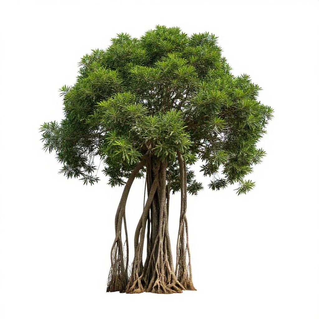 Banyan with aerial roots isolated on a white background