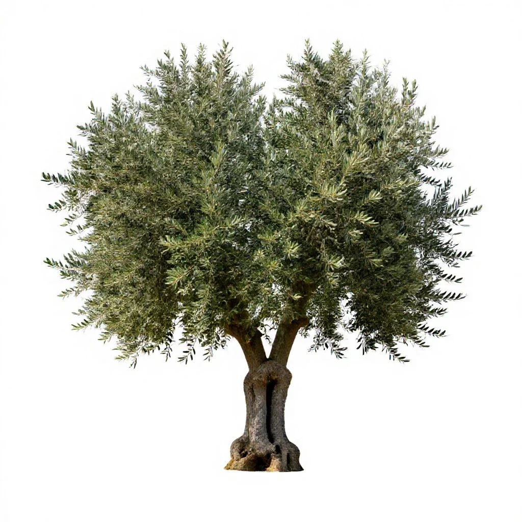 Olive tree with a gnarled trunk isolated on a white background