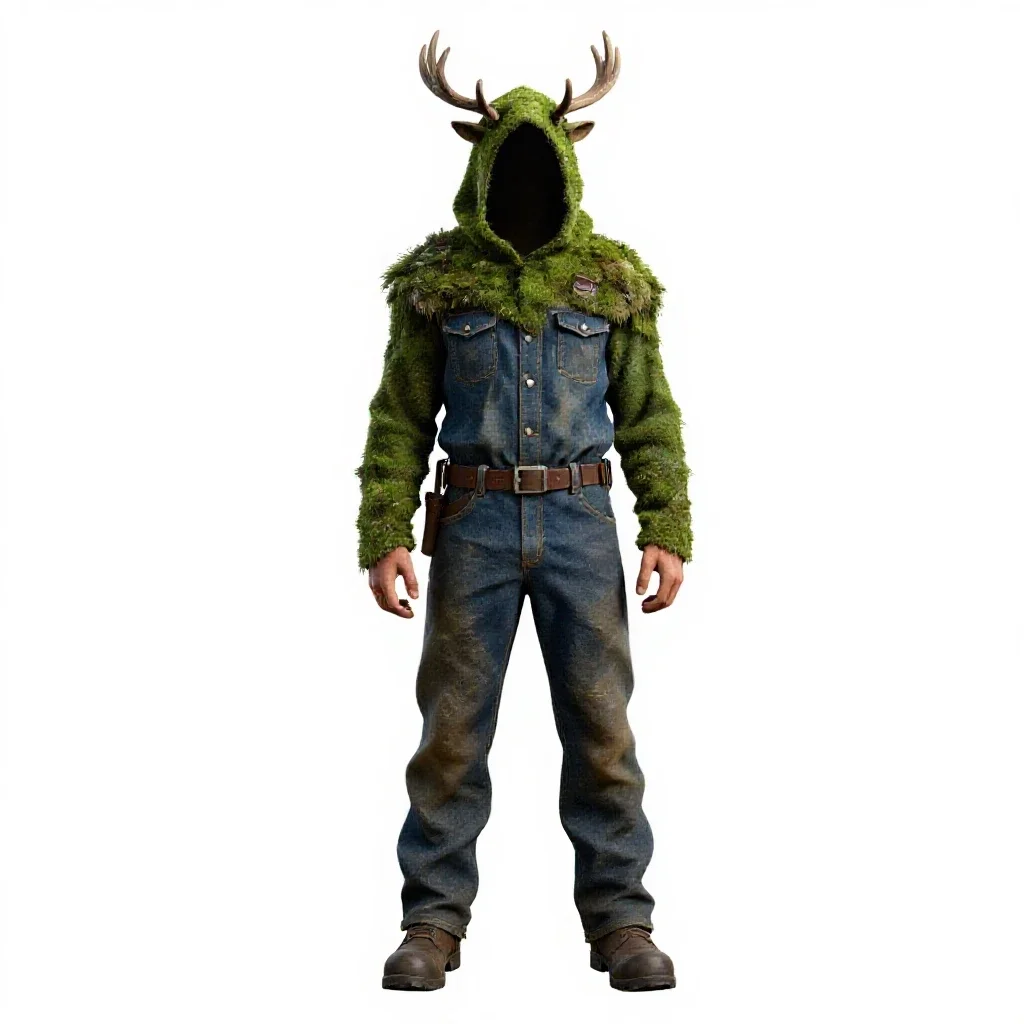 Druid cloaked in moss and antlers isolated on a white background