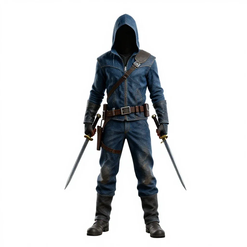 Hooded rogue with twin daggers isolated on a white background