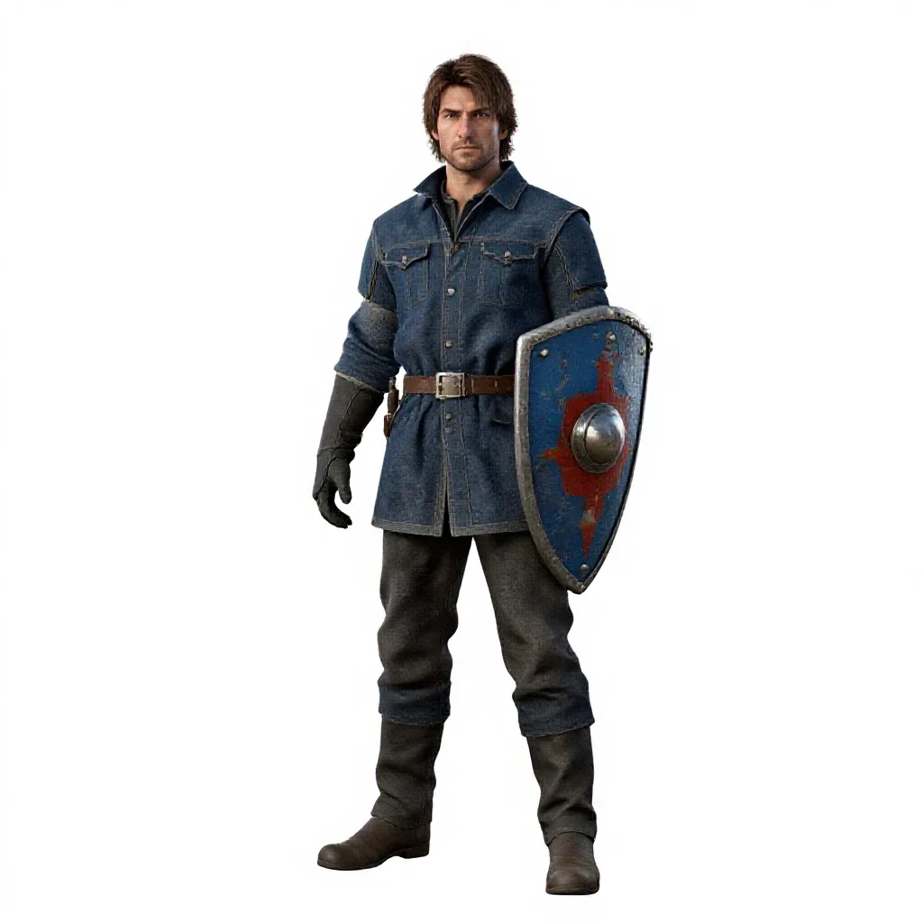 Knight errant with a battered shield isolated on a white background