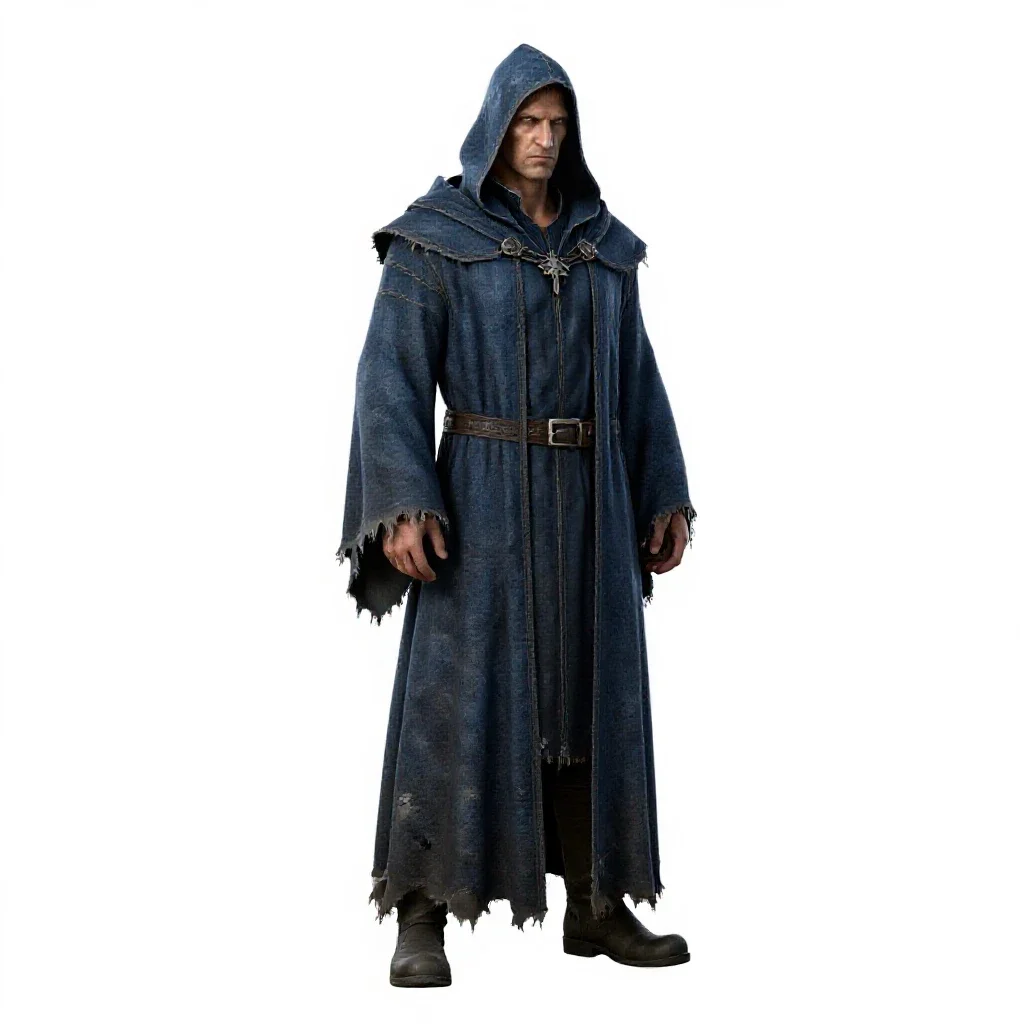 Necromancer in tattered robes isolated on a white background