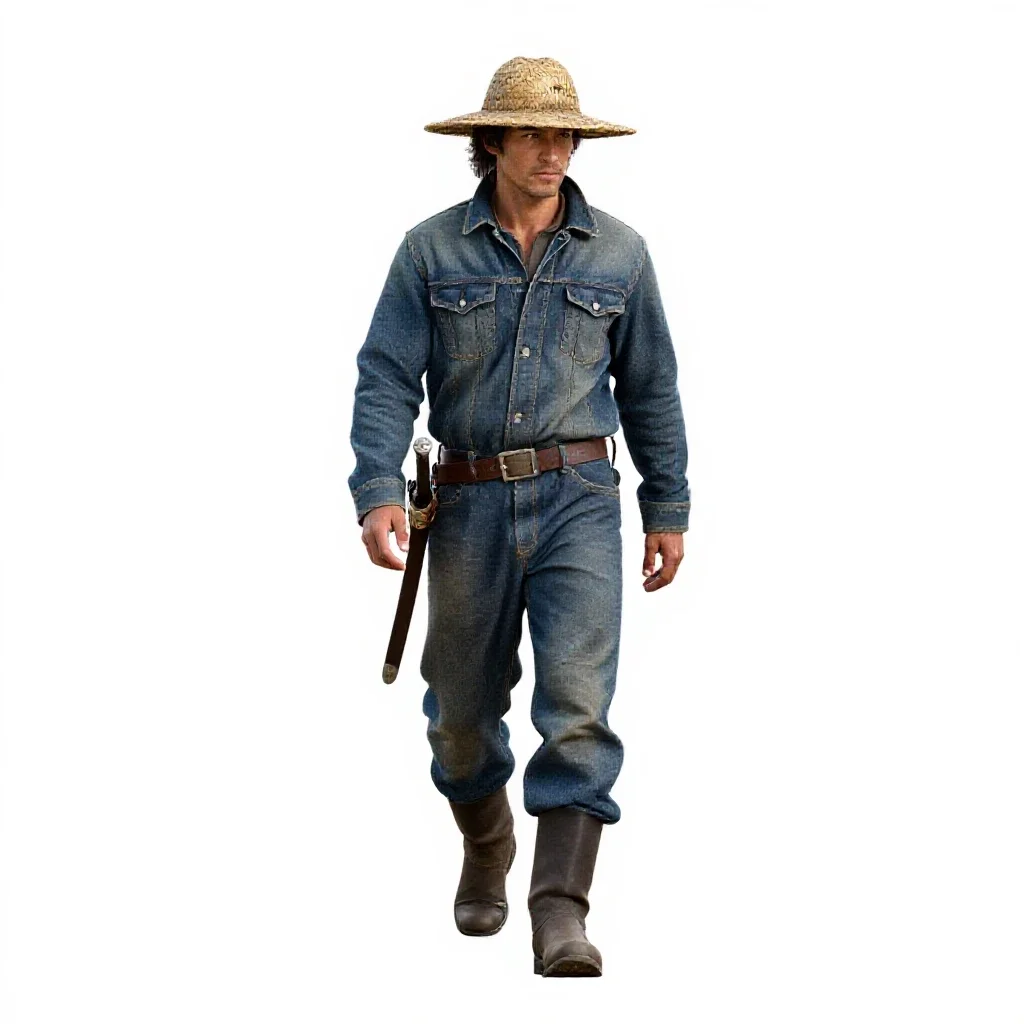 Wandering swordsman in a straw hat isolated on a white background