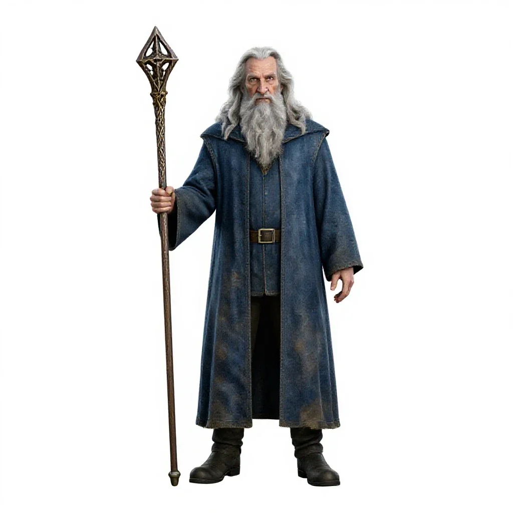 Elder wizard with a rune staff isolated on a white background