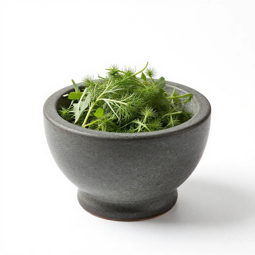 Mortar of glowing herbs isolated on a white background