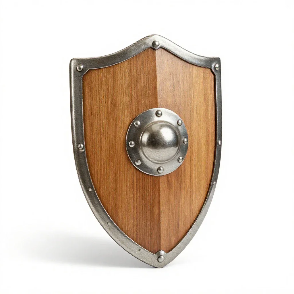 Wooden shield with an iron boss isolated on a white background