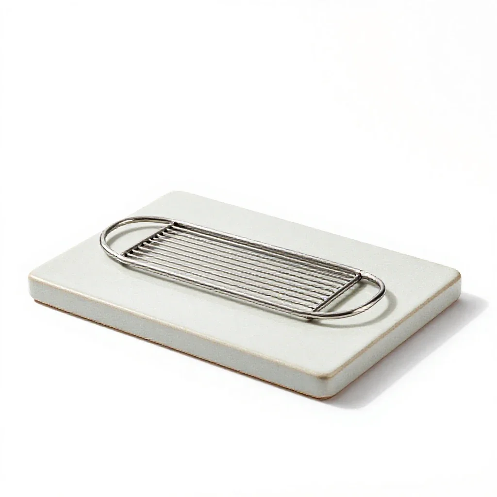 Cheese board with a wire slicer isolated on a white background
