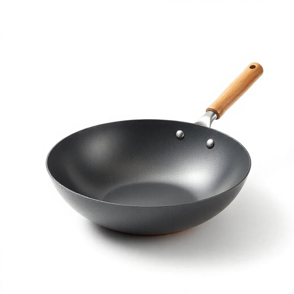 Wok with a wooden handle isolated on a white background