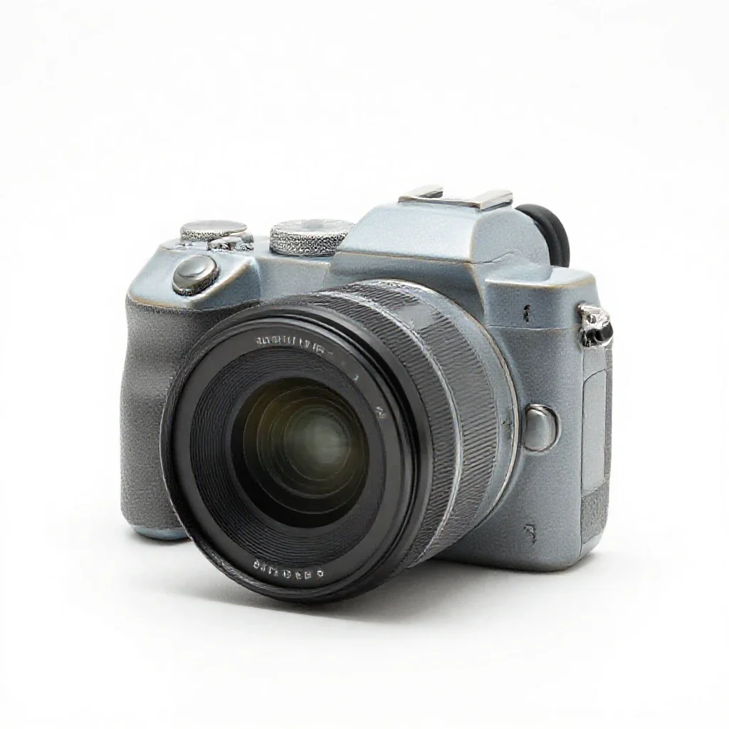 Mirrorless camera with a prime lens isolated on a white background