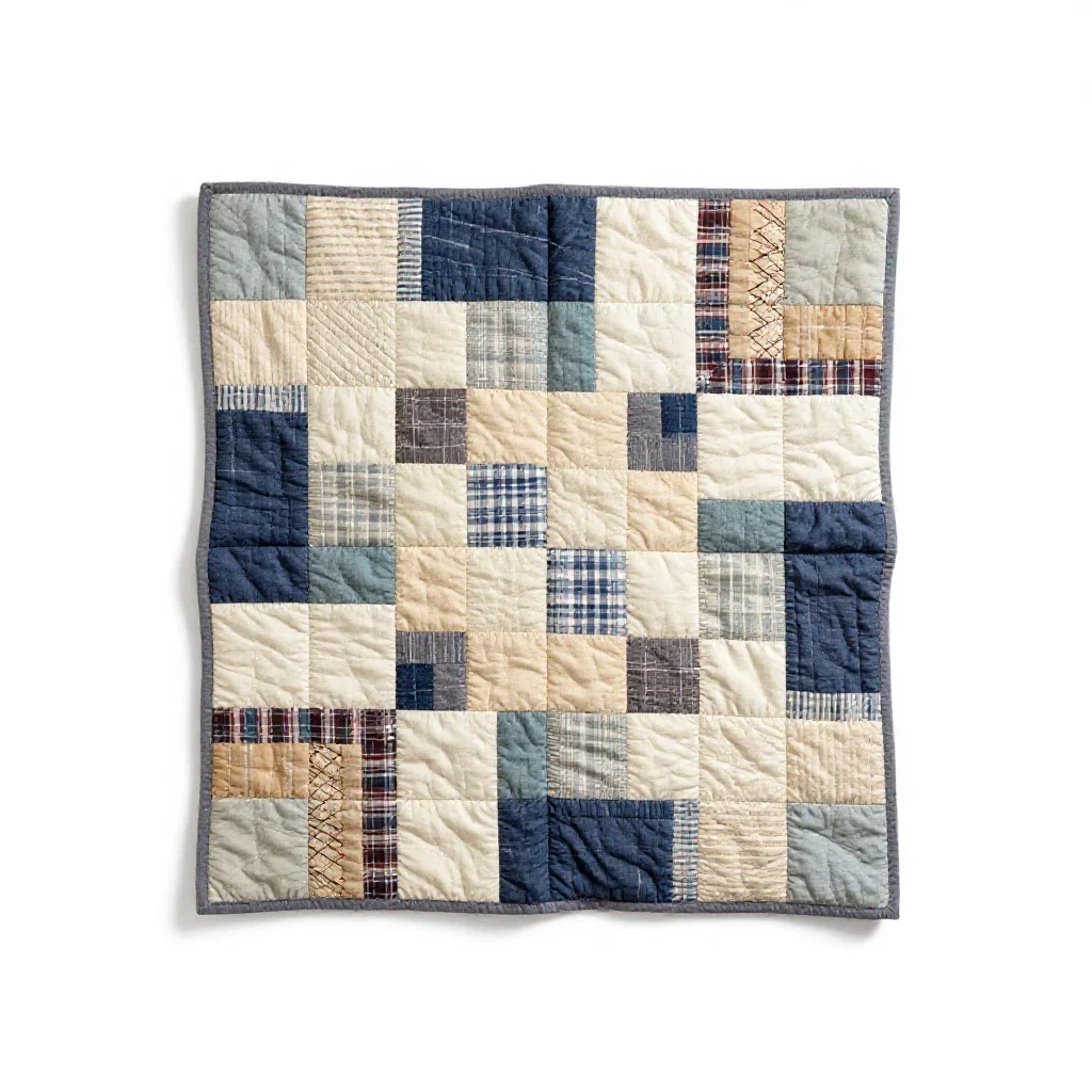 Patchwork quilt folded into a square isolated on a white background