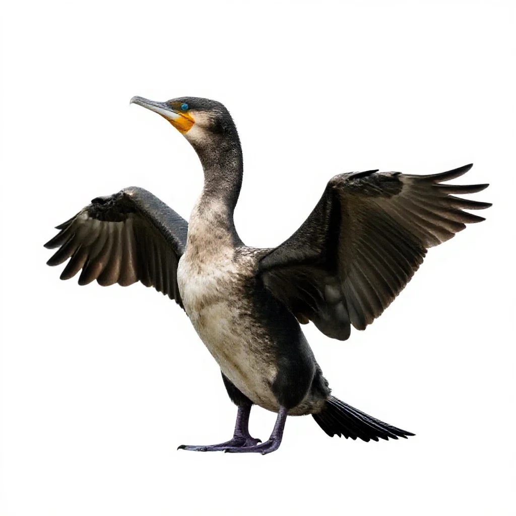 Cormorant drying its wings isolated on a white background