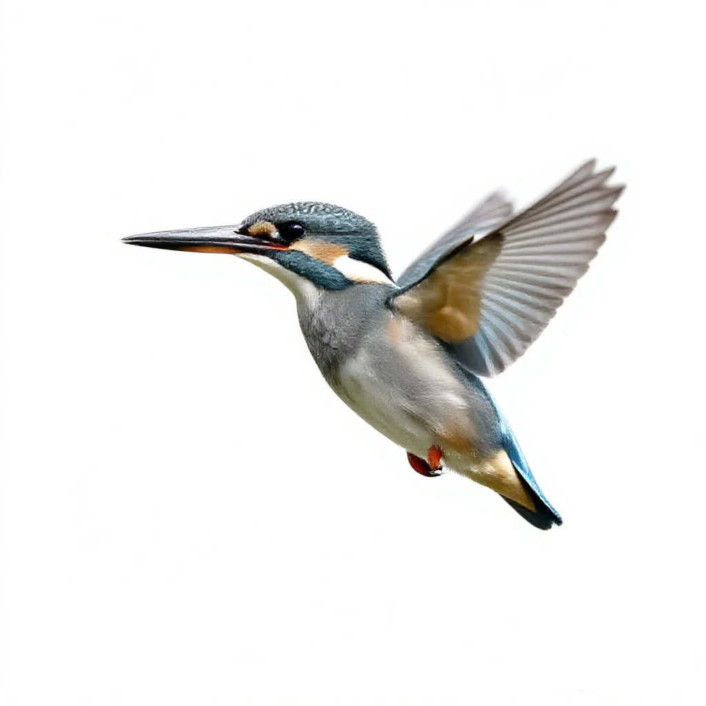Kingfisher hovering isolated on a white background